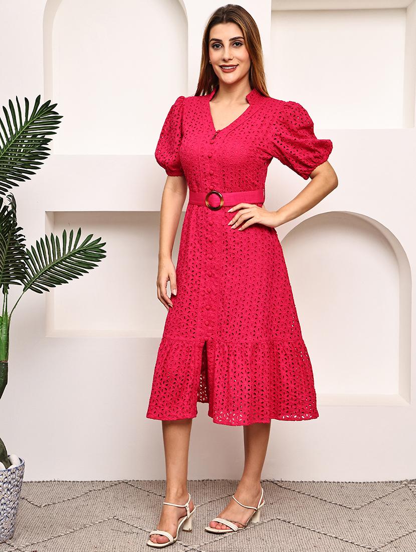women pink puff sleeve schiffli tiered dress - 21987627 - Standard Image - 4