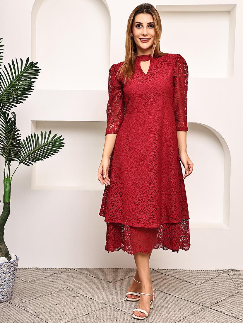 women maroon puff sleeve lace layered dress - 21987629 - Standard Image - 1