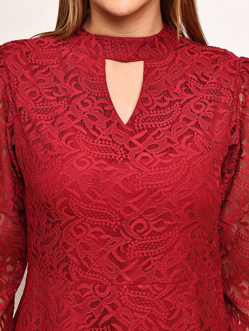 women maroon puff sleeve lace layered dress - 21987629 - Standard Image - 4