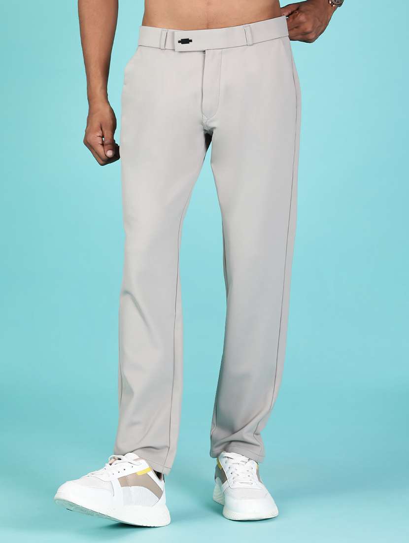 men solid mid rise flat front casual trouser