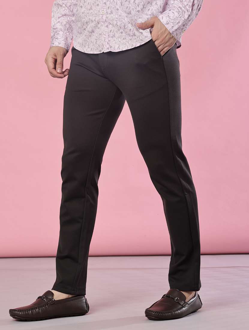 men solid mid rise flat front casual trouser