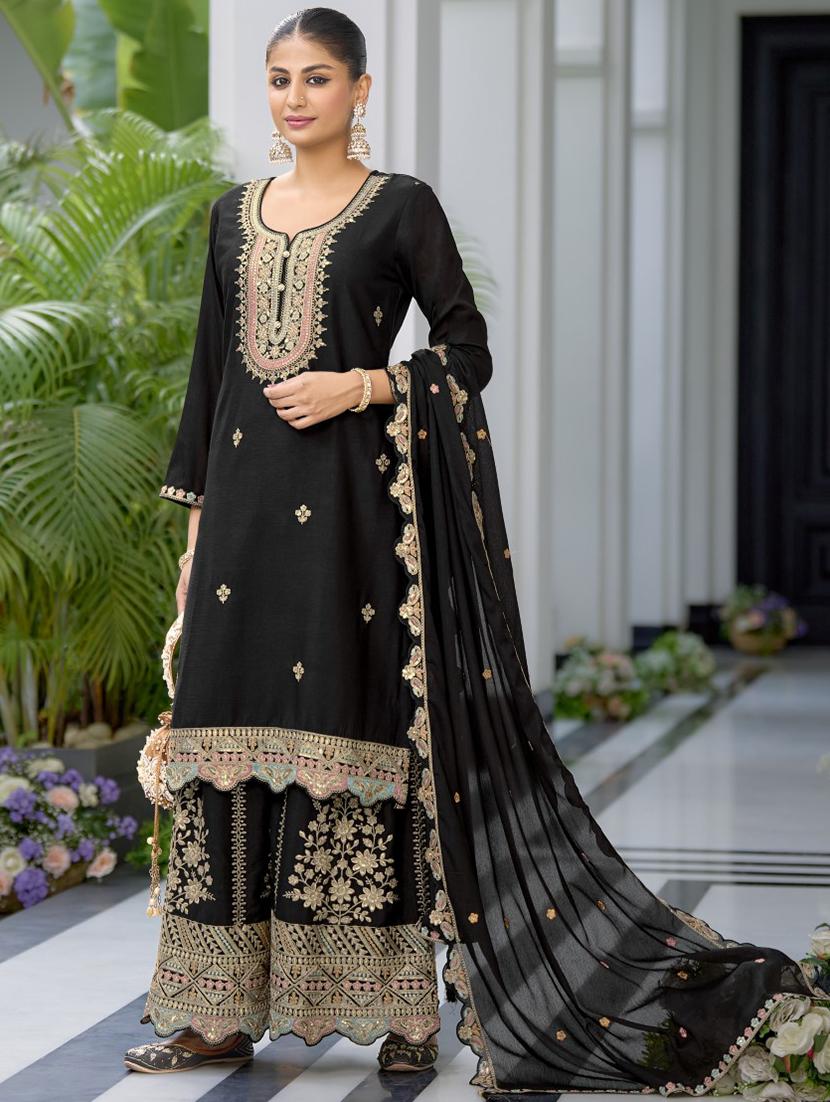 women three quarter sleeve kurta palazzo with dupatta set