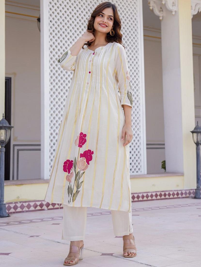women floral three quarter sleeve kurta pant set - 21987922 - Standard Image - 1