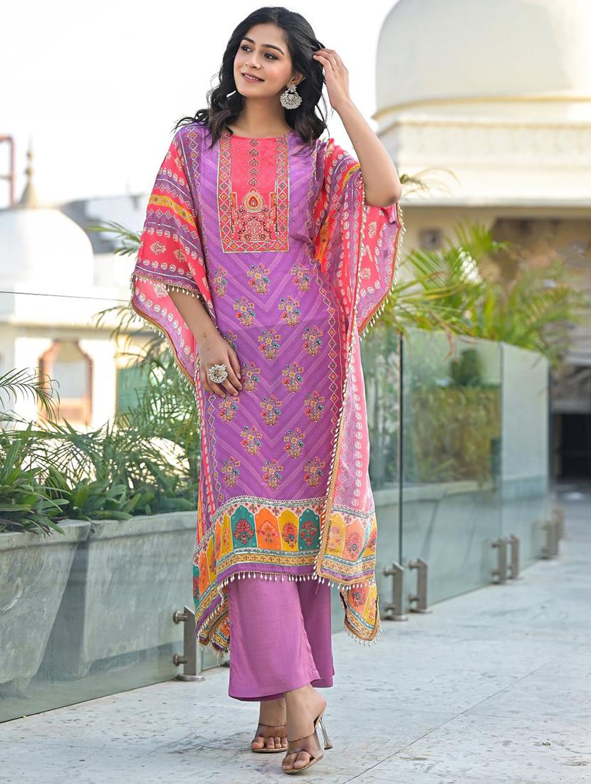 women printed kimono sleeve kaftan kurta pant set