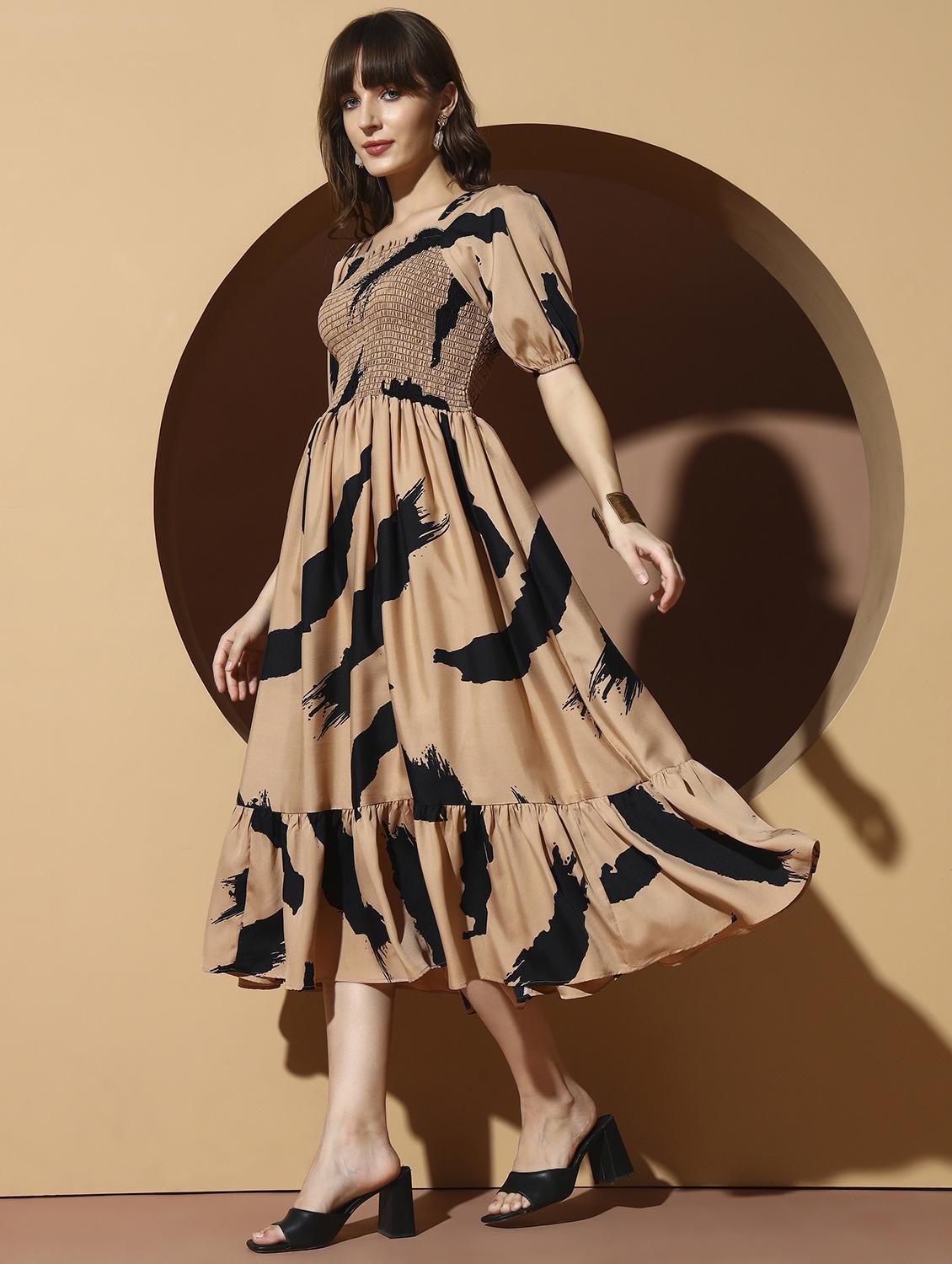 wome printed smocked detailed puff sleeve tiered dress - 21987946 -  Standard Image - 1
