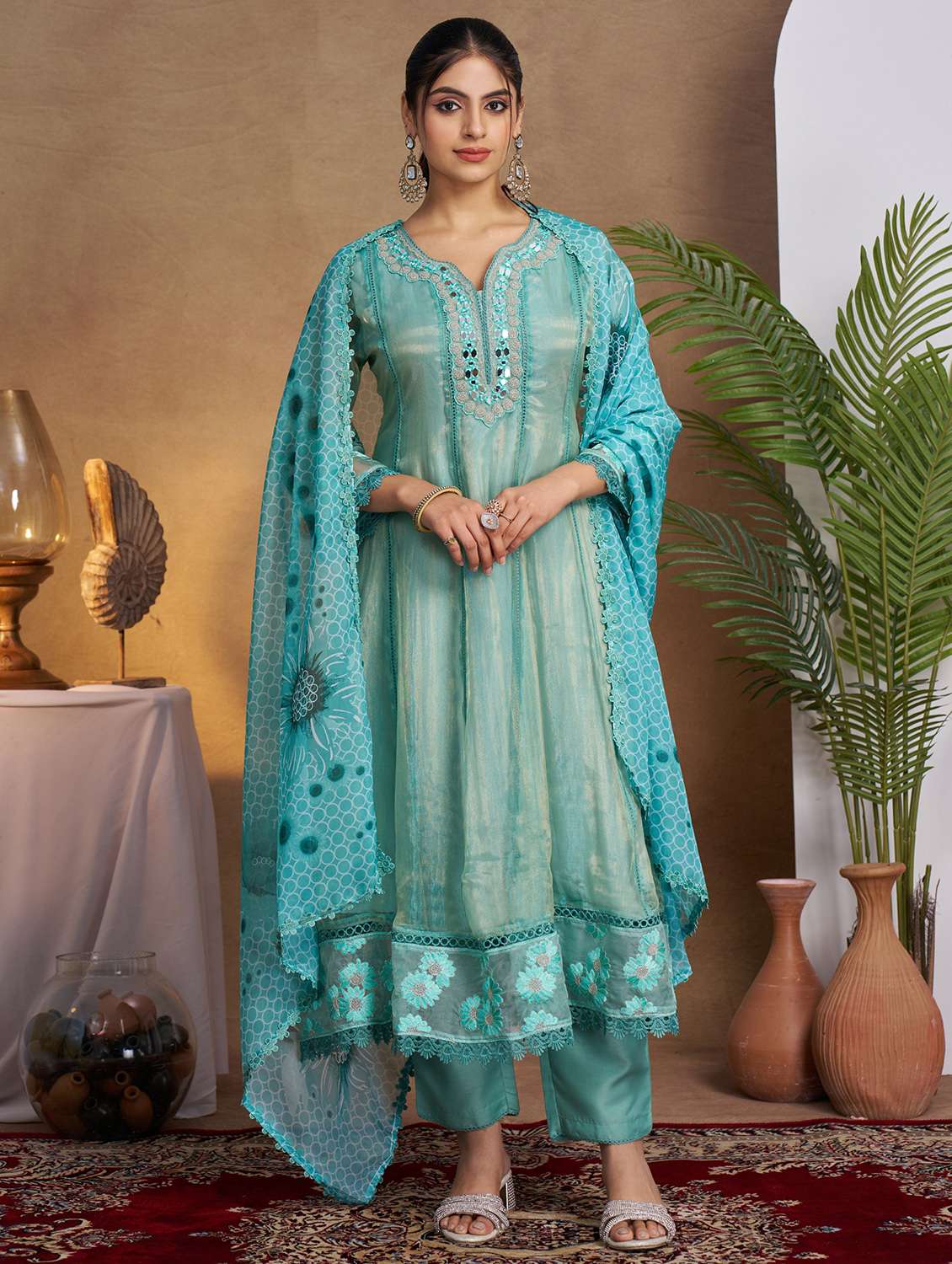 women three quarter sleeve anarkali kurta pant with dupatta set - 21988073 -  Standard Image - 1