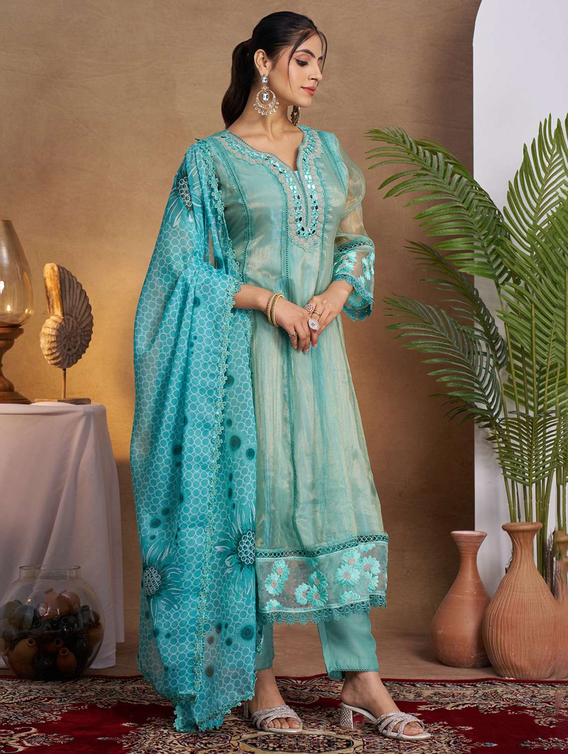 women three quarter sleeve anarkali kurta pant with dupatta set - 21988073 -  Standard Image - 4