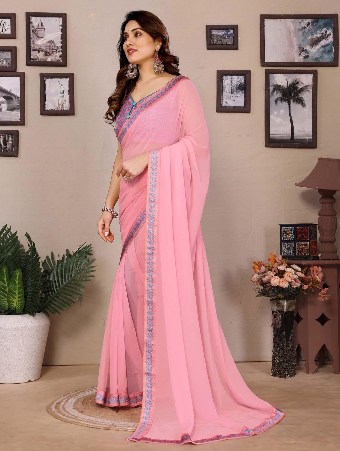 women solid with bordered saree with blouse - 21988133 - Standard Image - 1