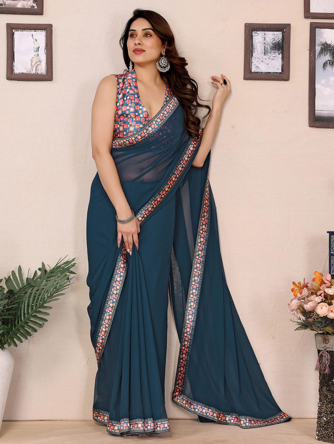 women solid with bordered saree with blouse - 21988138 - Standard Image - 1
