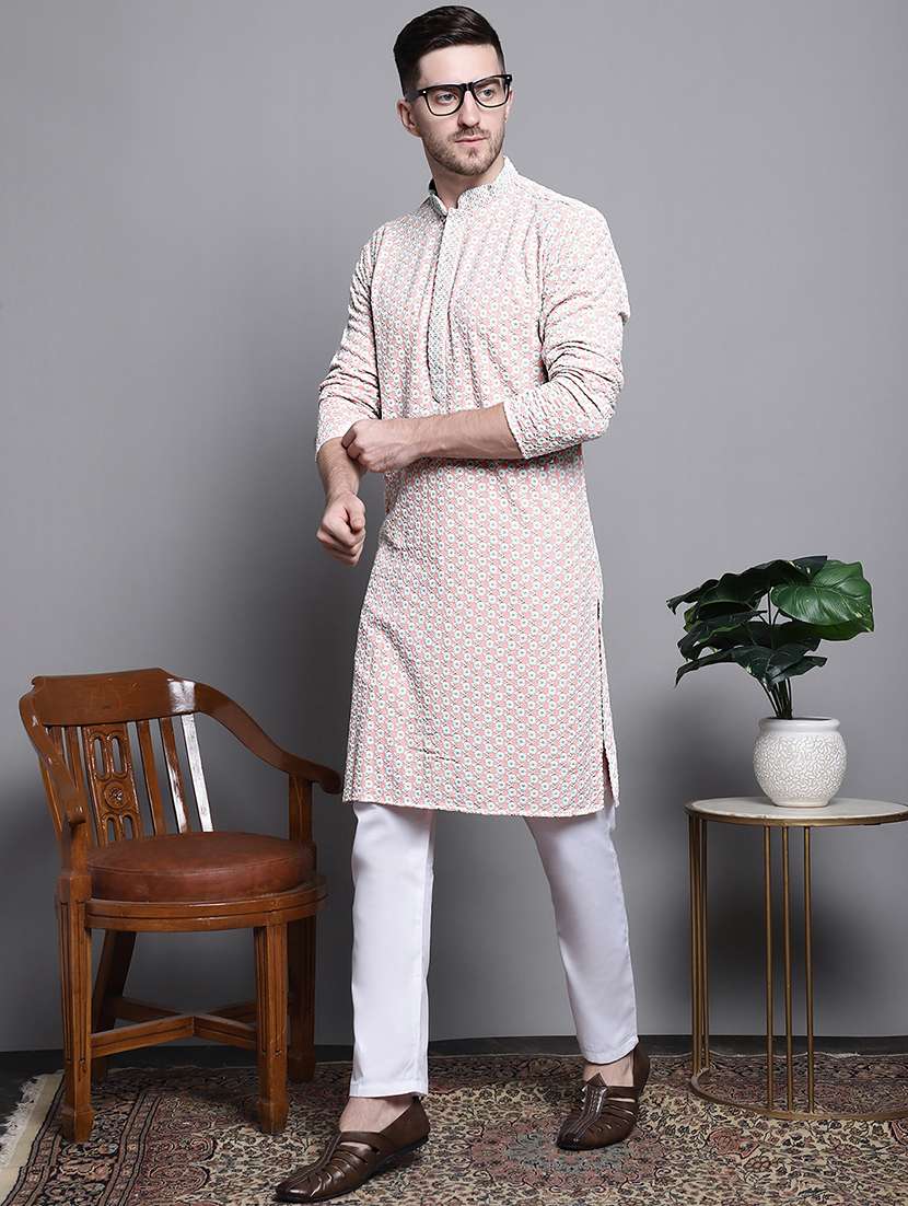 men embroidered mandarin neck kurta pyjama ethnic wear set