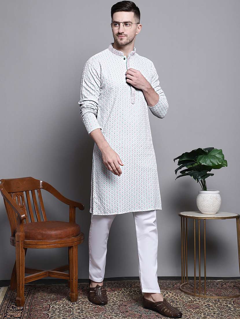 men embroidered mandarin neck kurta pyjama ethnic wear set