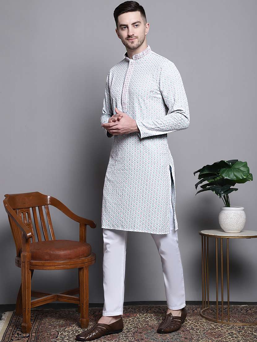 men embroidered mandarin neck kurta pyjama ethnic wear set - 21988187 -  Standard Image - 1