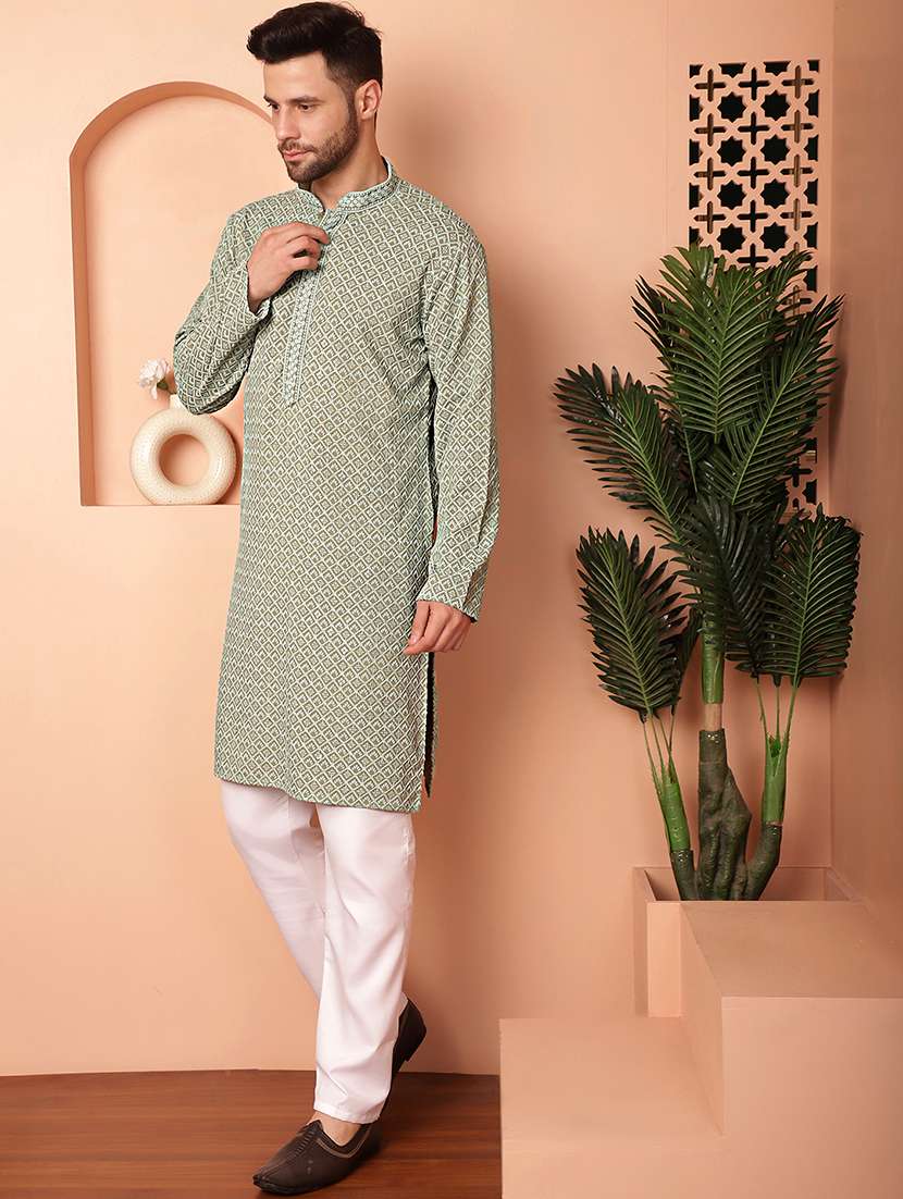 men embroidered mandarin neck kurta pyjama ethnic wear set - 21988188 -  Standard Image - 1
