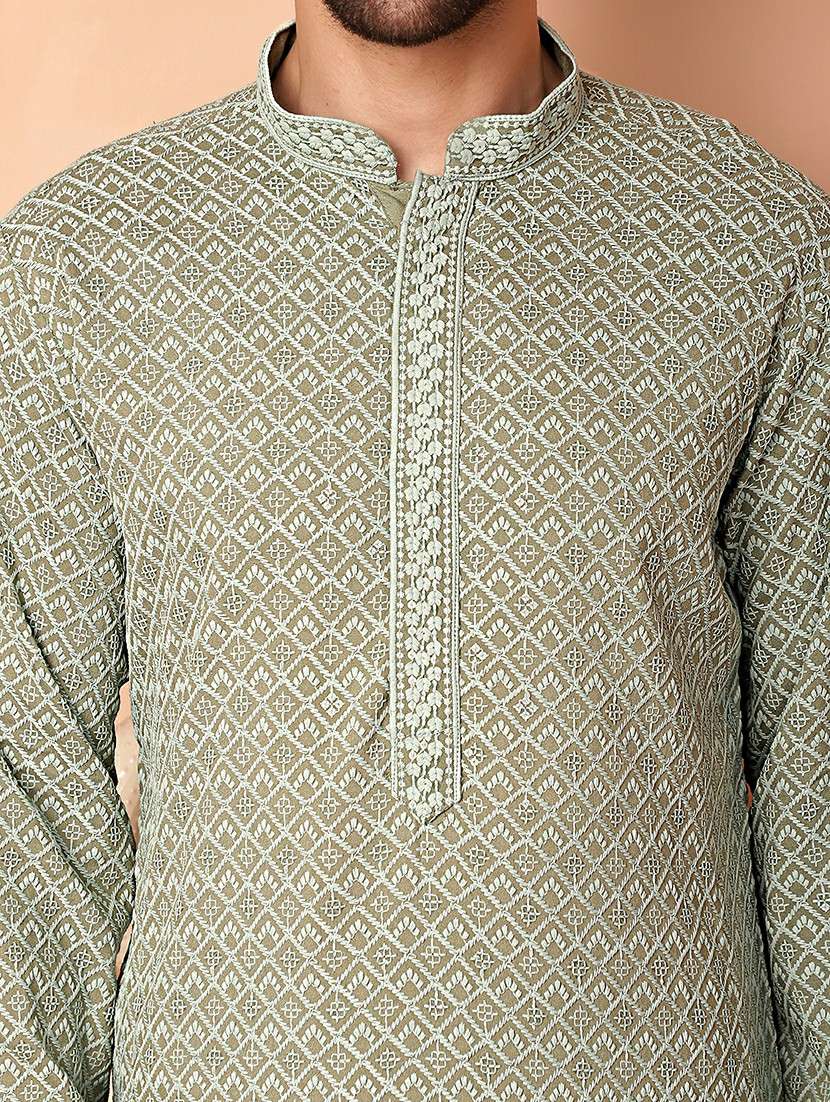 men embroidered mandarin neck kurta pyjama ethnic wear set - 21988188 - Standard Image - 4