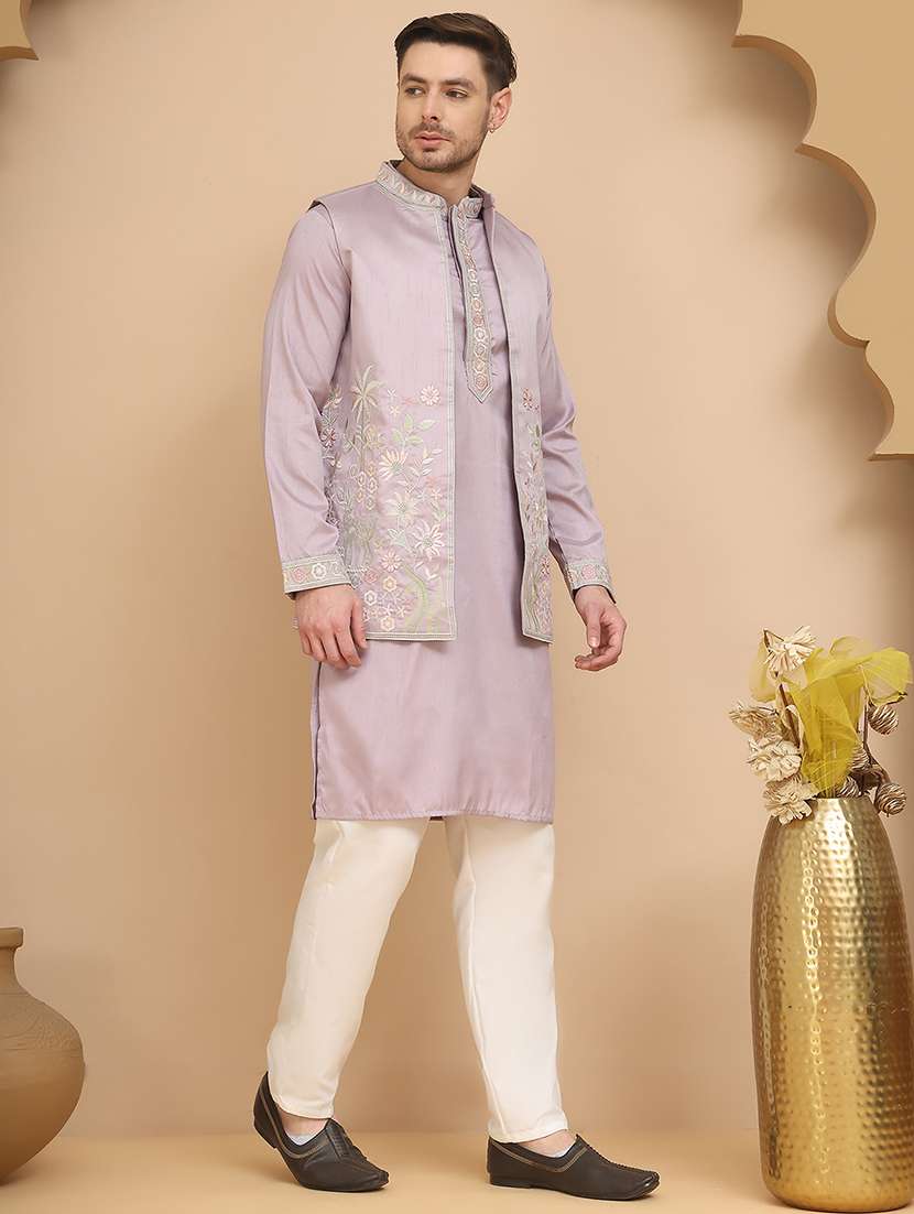 men embroidered mandarin neck kurta pyjama with jacket ethnic wear set - 21988190 -  Standard Image - 1