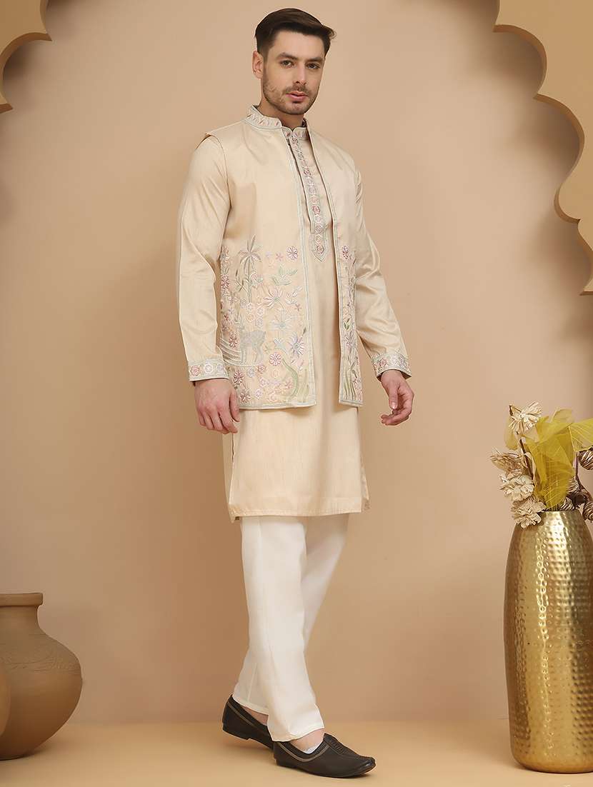men embroidered mandarin neck kurta pyjama with jacket ethnic wear set - 21988191 -  Standard Image - 1