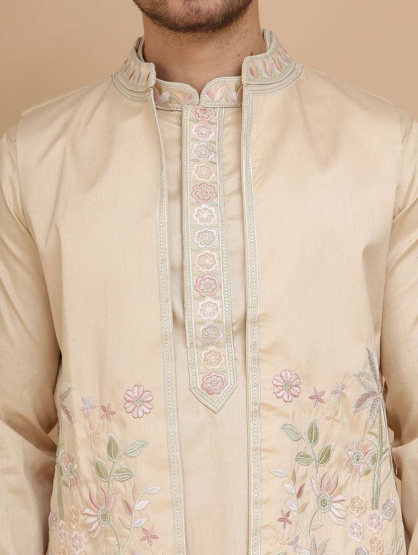 men embroidered mandarin neck kurta pyjama with jacket ethnic wear set - 21988191 -  Standard Image - 4