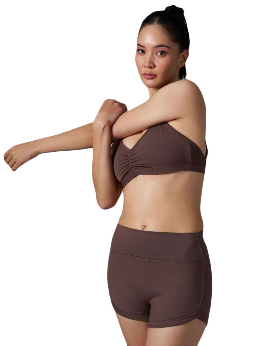 women brown solid halter neck sports bra