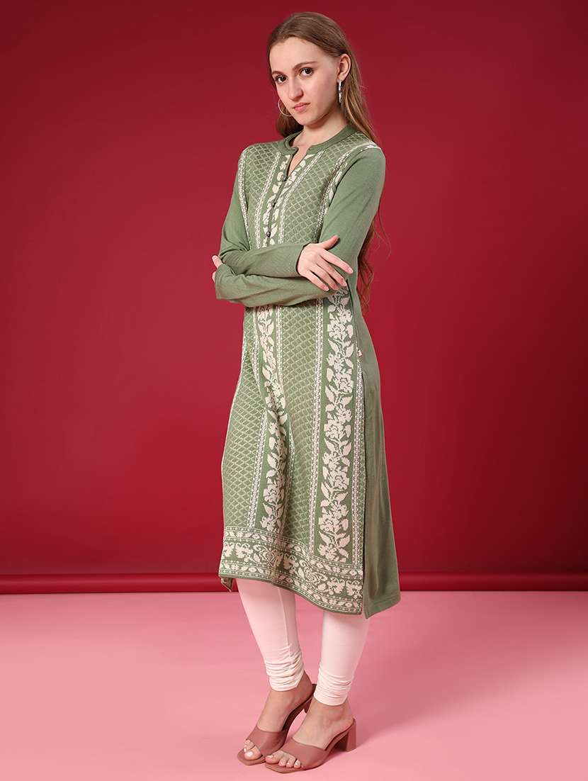 women self design long sleeve straight woolen kurta - 21988303 -  Standard Image - 1