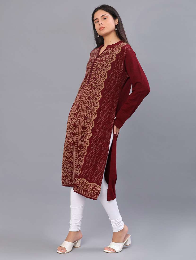 women self design long sleeve straight woolen kurta - 21988304 -  Standard Image - 1