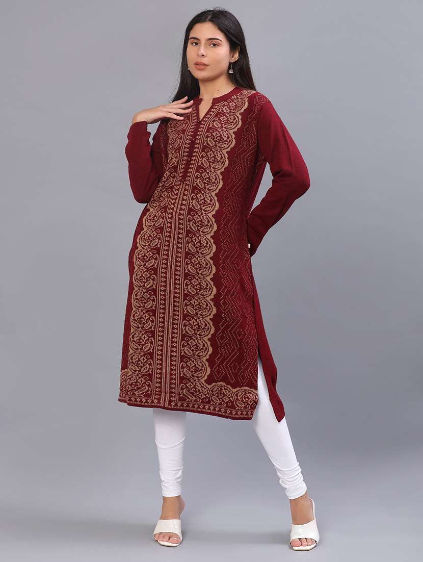 women self design long sleeve straight woolen kurta - 21988304 -  Standard Image - 4