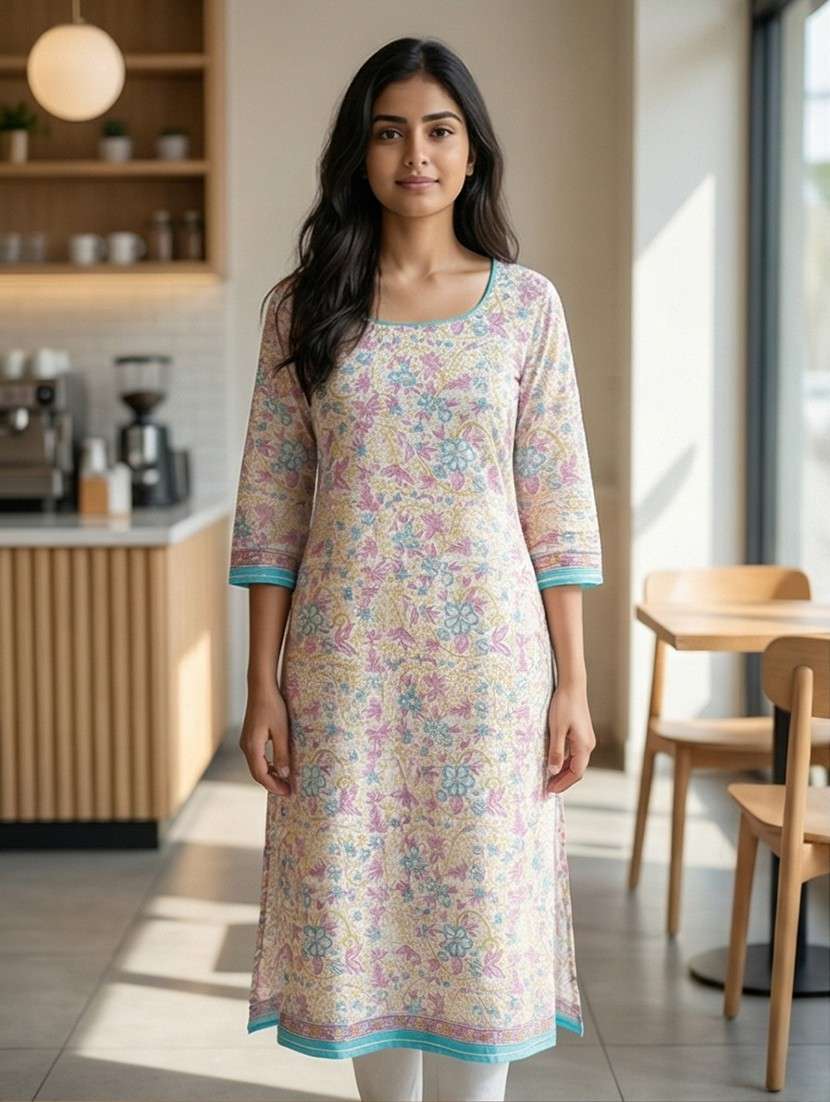 women floral three quarter sleeve straight kurta - 21988483 -  Standard Image - 1