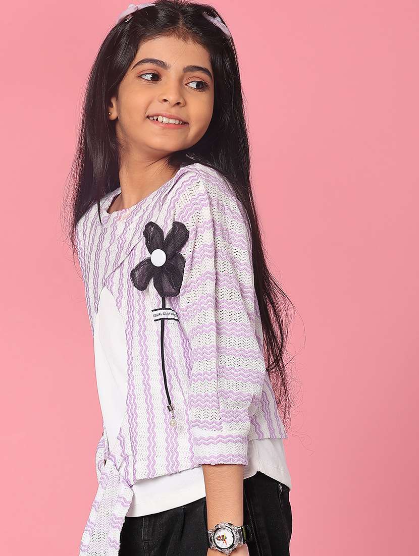 girls striped three quarter sleeve top - 21988499 -  Standard Image - 1