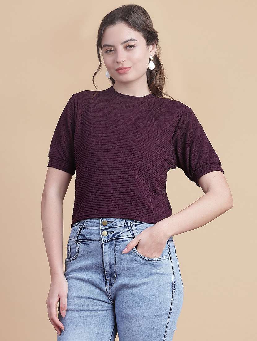 women solid round neck puff crop sleeve - 21988555 -  Standard Image - 1