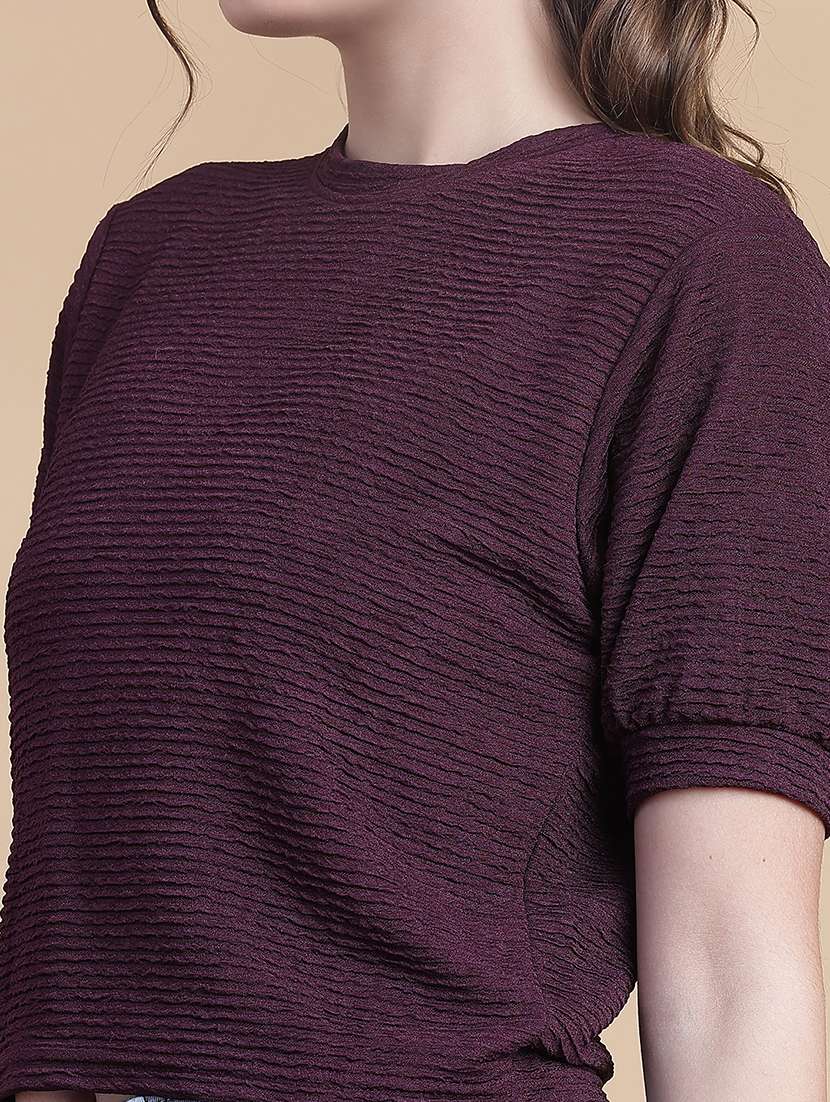 women solid round neck puff crop sleeve - 21988555 -  Standard Image - 4