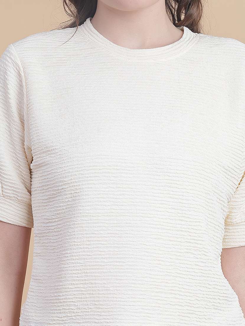 women solid round neck puff crop sleeve - 21988594 -  Standard Image - 4