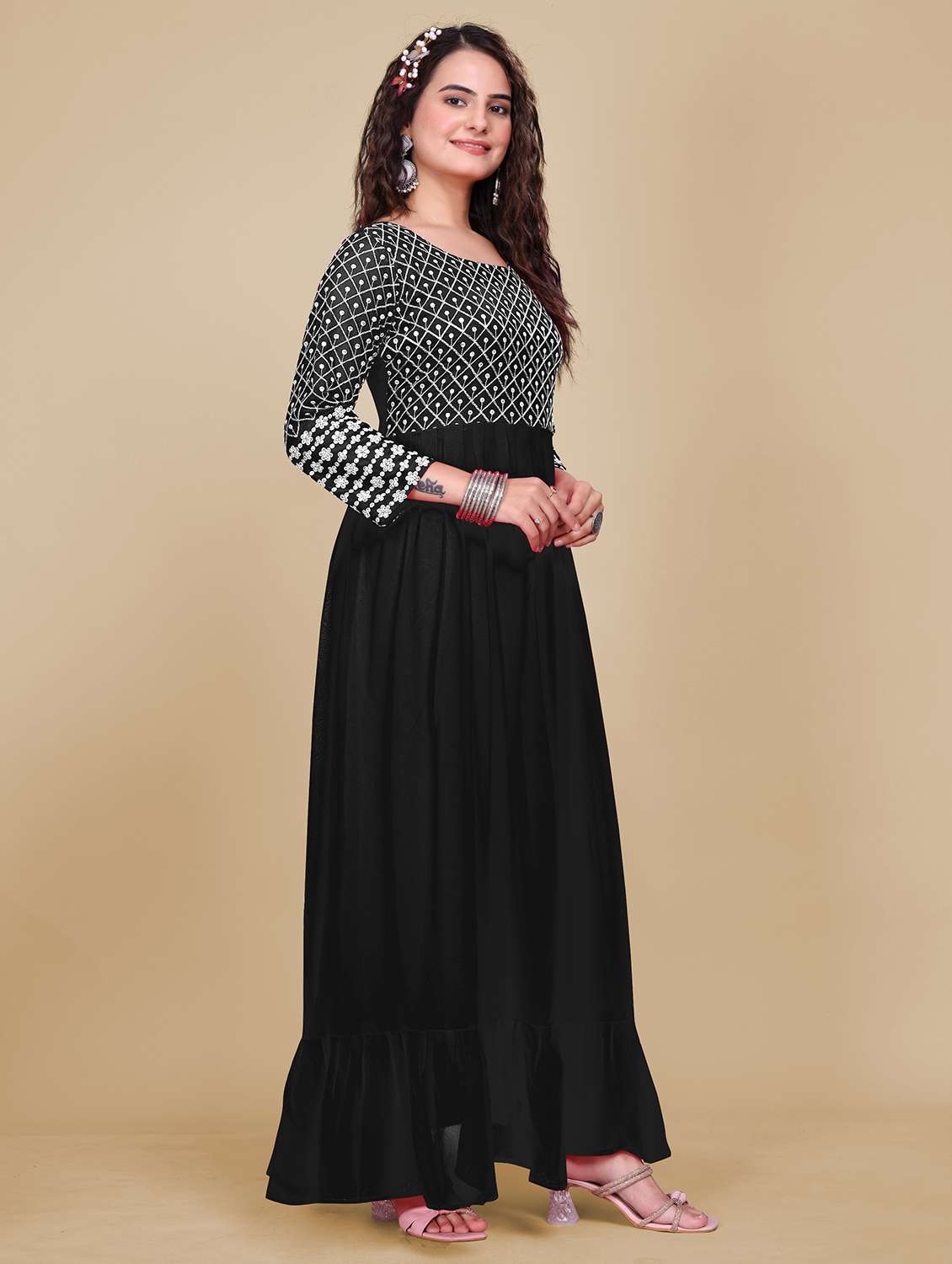 women embroidered three quarter sleeve ethnic dress - 21988813 -  Standard Image - 1