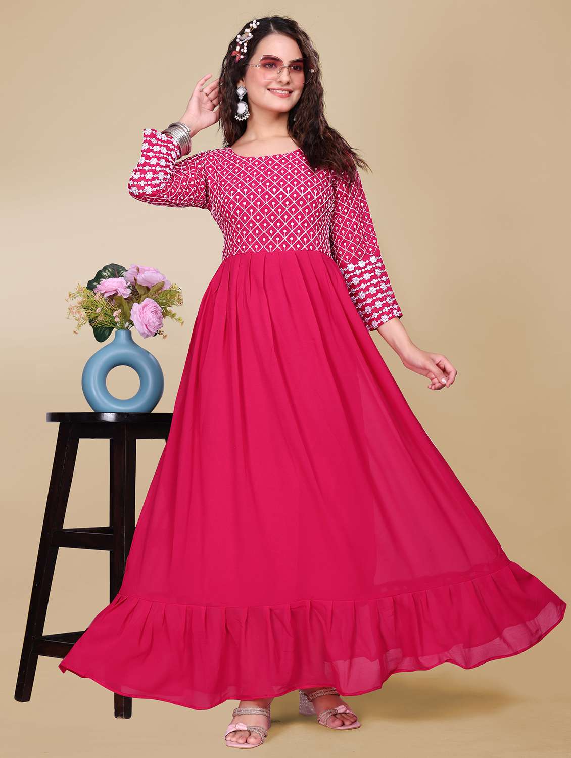 women embroidered three quarter sleeve ethnic dress