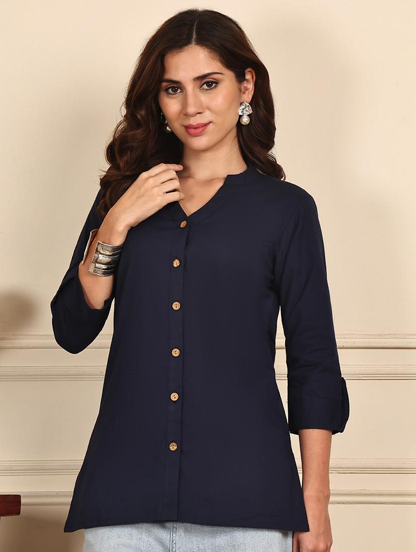 women solid roll up sleeve straight kurti - 21988816 - Standard Image - 1