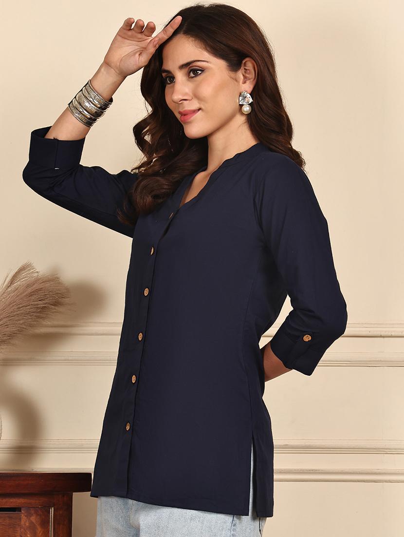 women solid roll up sleeve straight kurti - 21988816 - Standard Image - 4