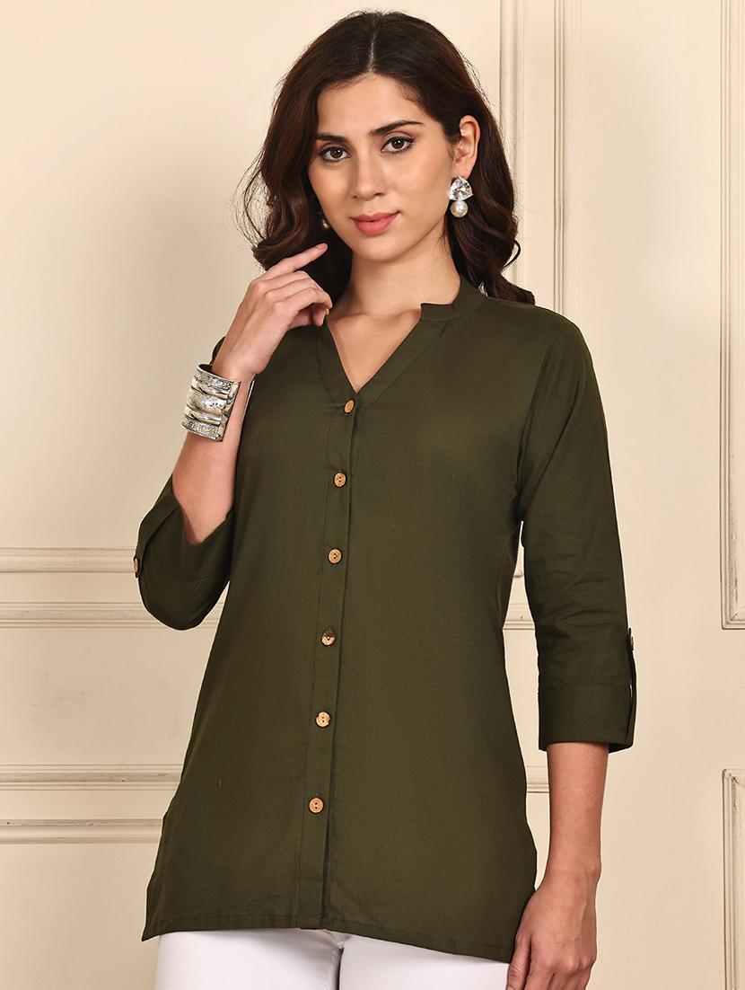 women solid roll up sleeve straight kurti - 21988868 - Standard Image - 1