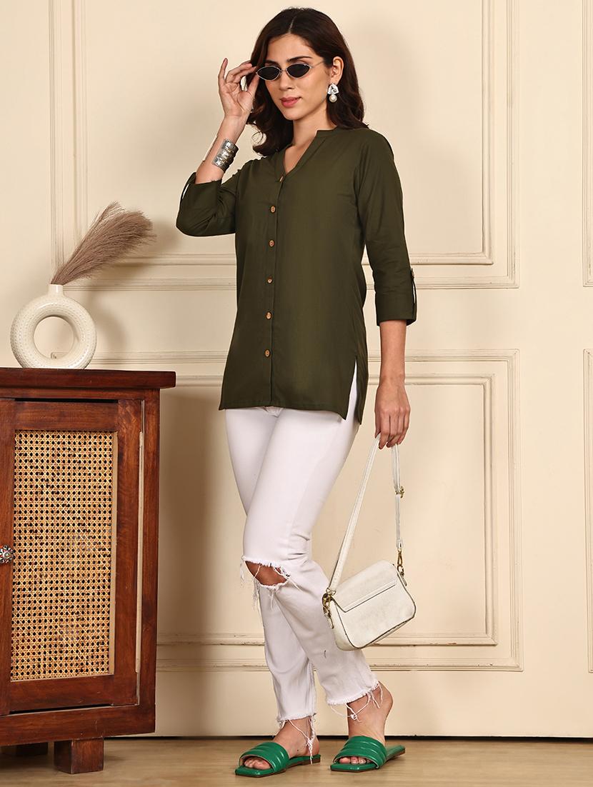 women solid roll up sleeve straight kurti - 21988868 - Standard Image - 6