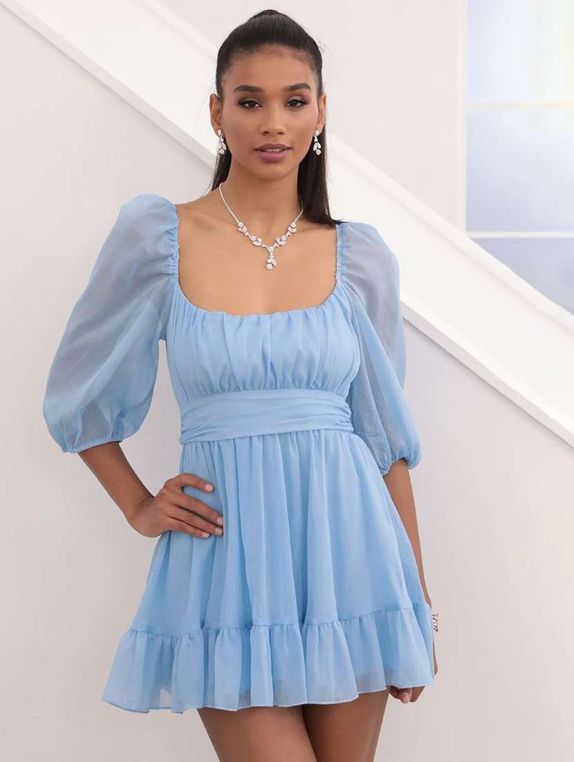 women solid puff sleeve backless tiered dress