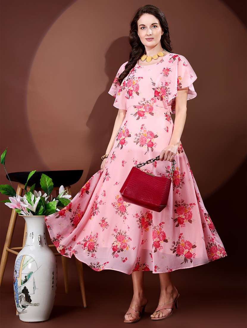 women floral print flared sleeve fit & flare dress