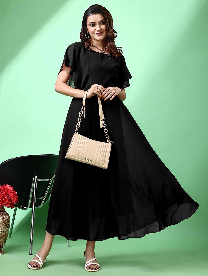 women solid flared sleeve fit & flare maxi dress