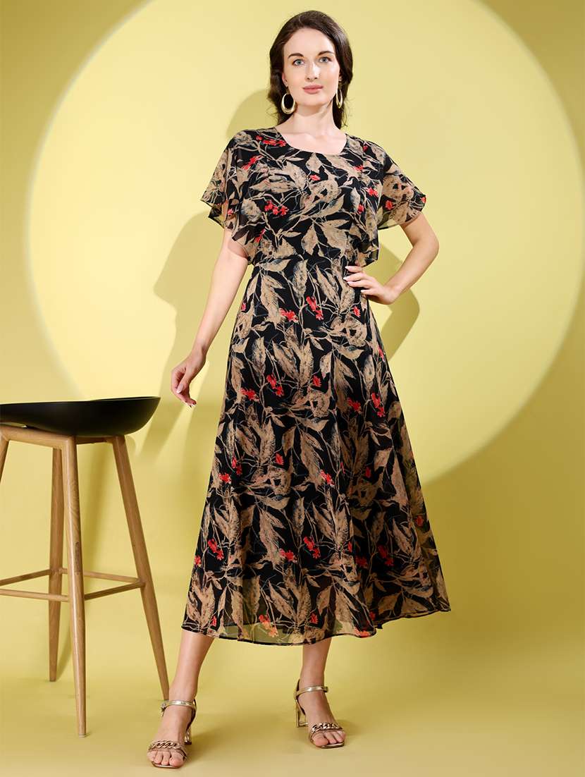women printed flared sleeve fit & flare dress