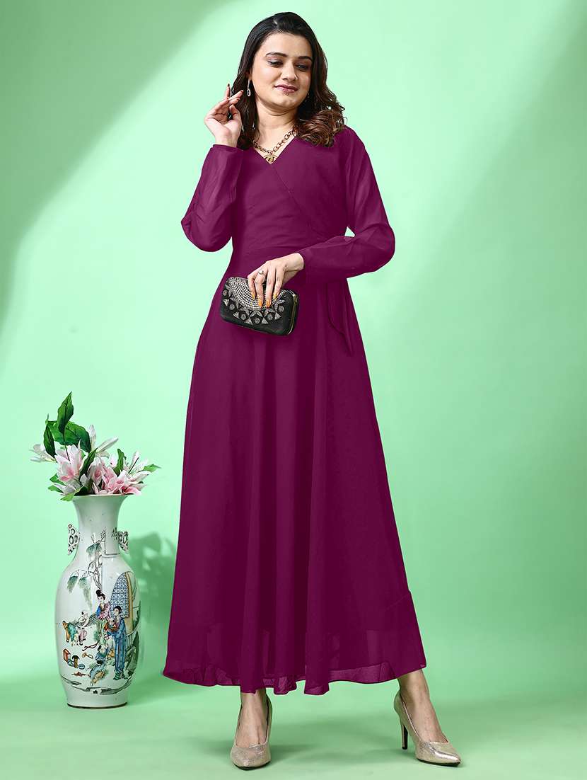 women solid long sleeve fit & flare maxi dress