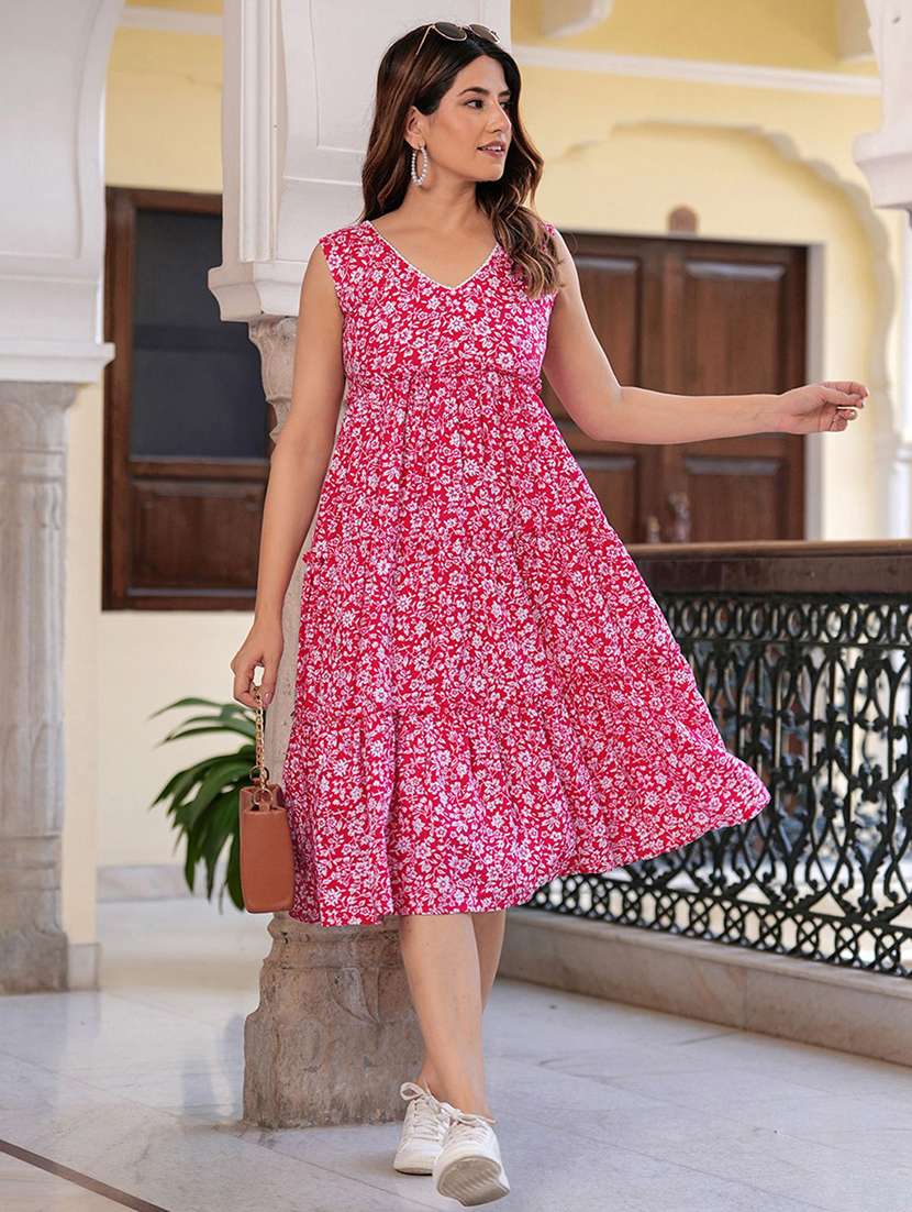 women floral print sleeveless tiered dress