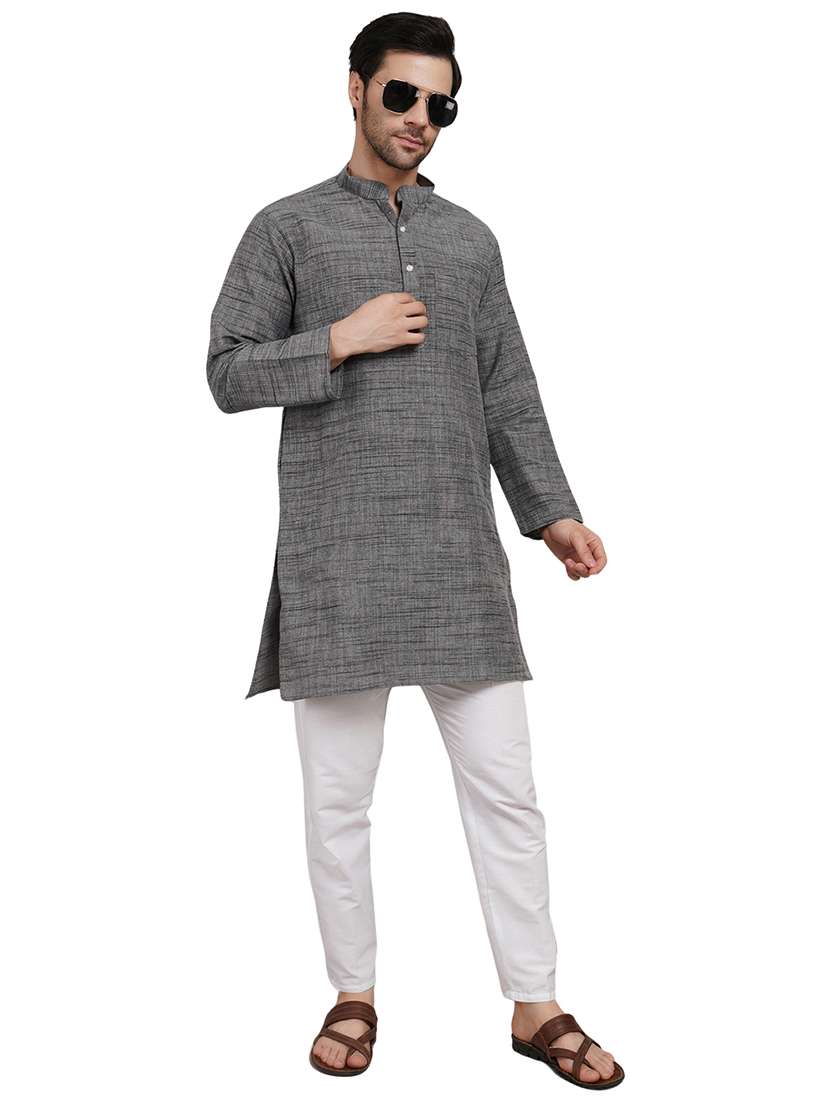 men melange mandarin neck long kurta - 21989341 - Zoom Image - 0