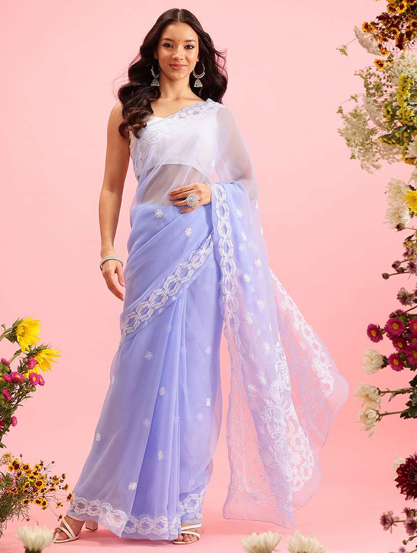 women solid with work chikankari saree with blouse - 21989350 -  Standard Image - 1