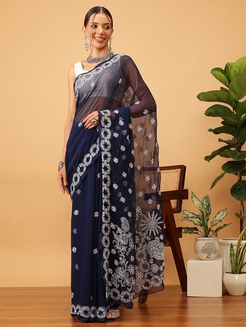 women solid with work chikankari saree with blouse - 21989351 - Standard Image - 0