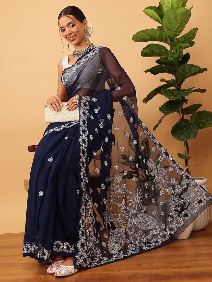 women solid with work chikankari saree with blouse - 21989351 - Standard Image - 1