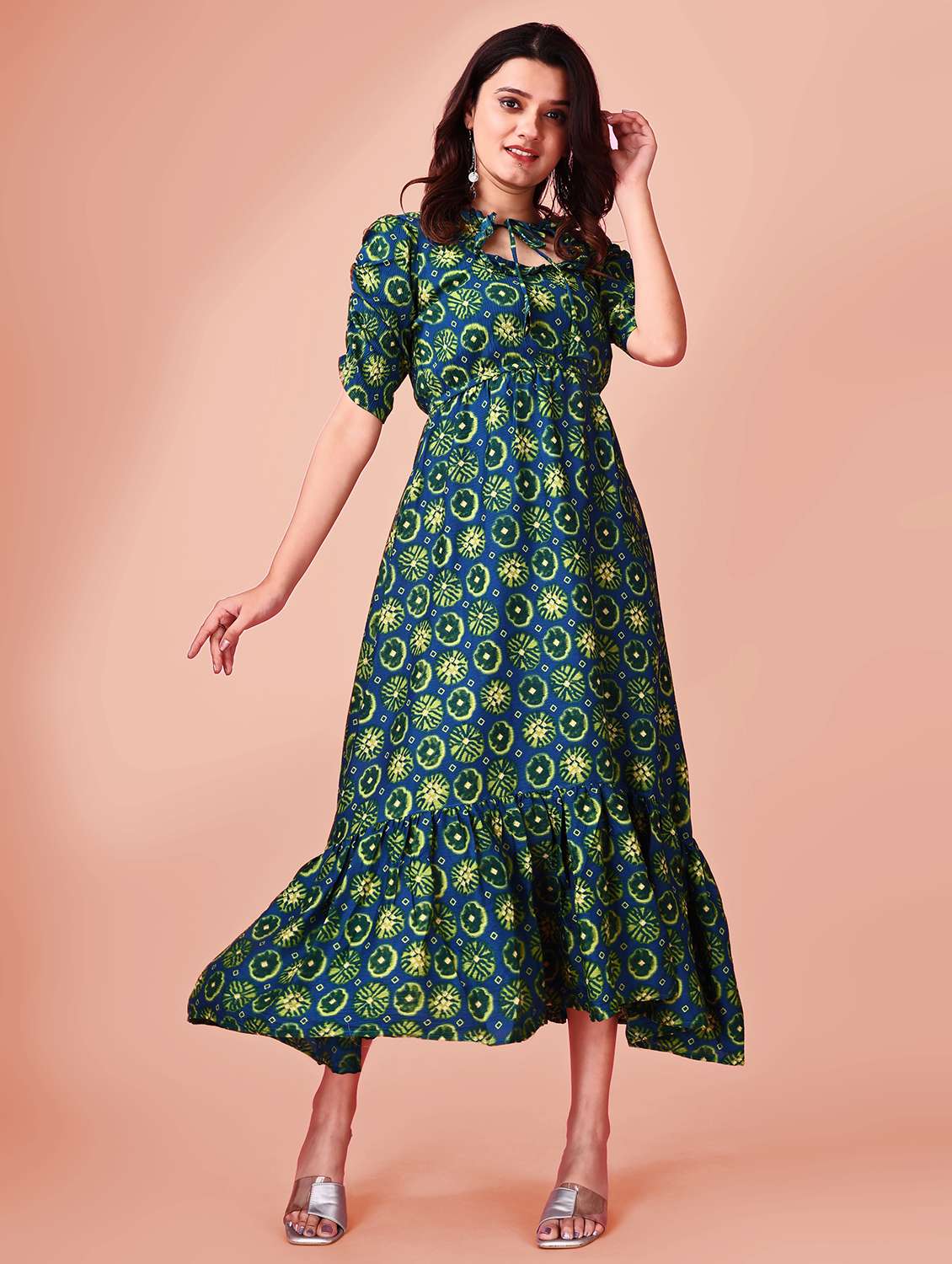 women printed tie-up neck puff sleeve tiered dress - 21989356 -  Standard Image - 1