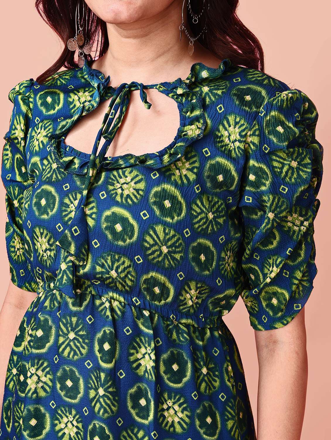 women printed tie-up neck puff sleeve tiered dress - 21989356 -  Standard Image - 4