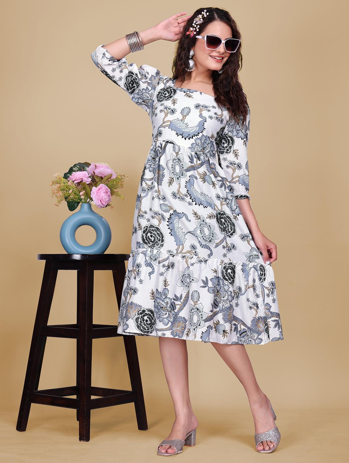 women printed puff sleeve tiered dress - 21989357 -  Standard Image - 1
