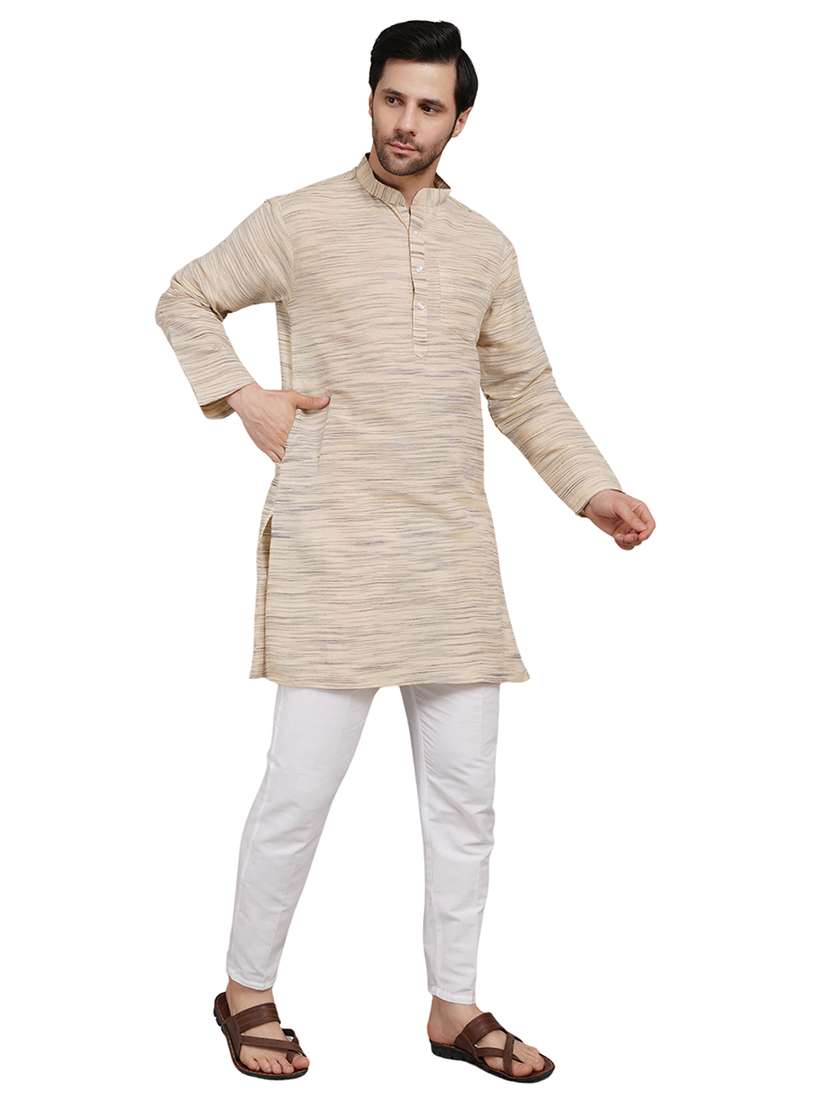 men melange mandarin neck long kurta - 21989359 - Standard Image - 4